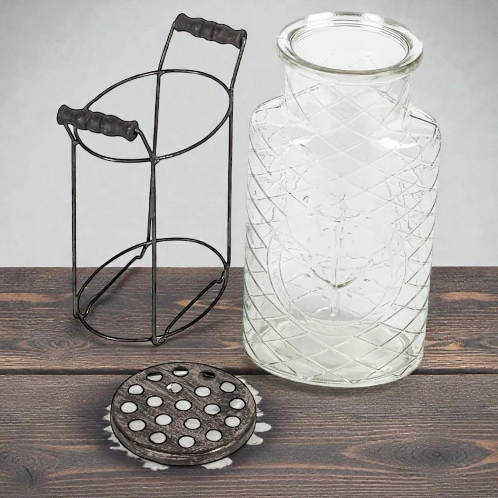 New Creative Co-Op Glass vase in Metal Stand with Metal Frog Lid